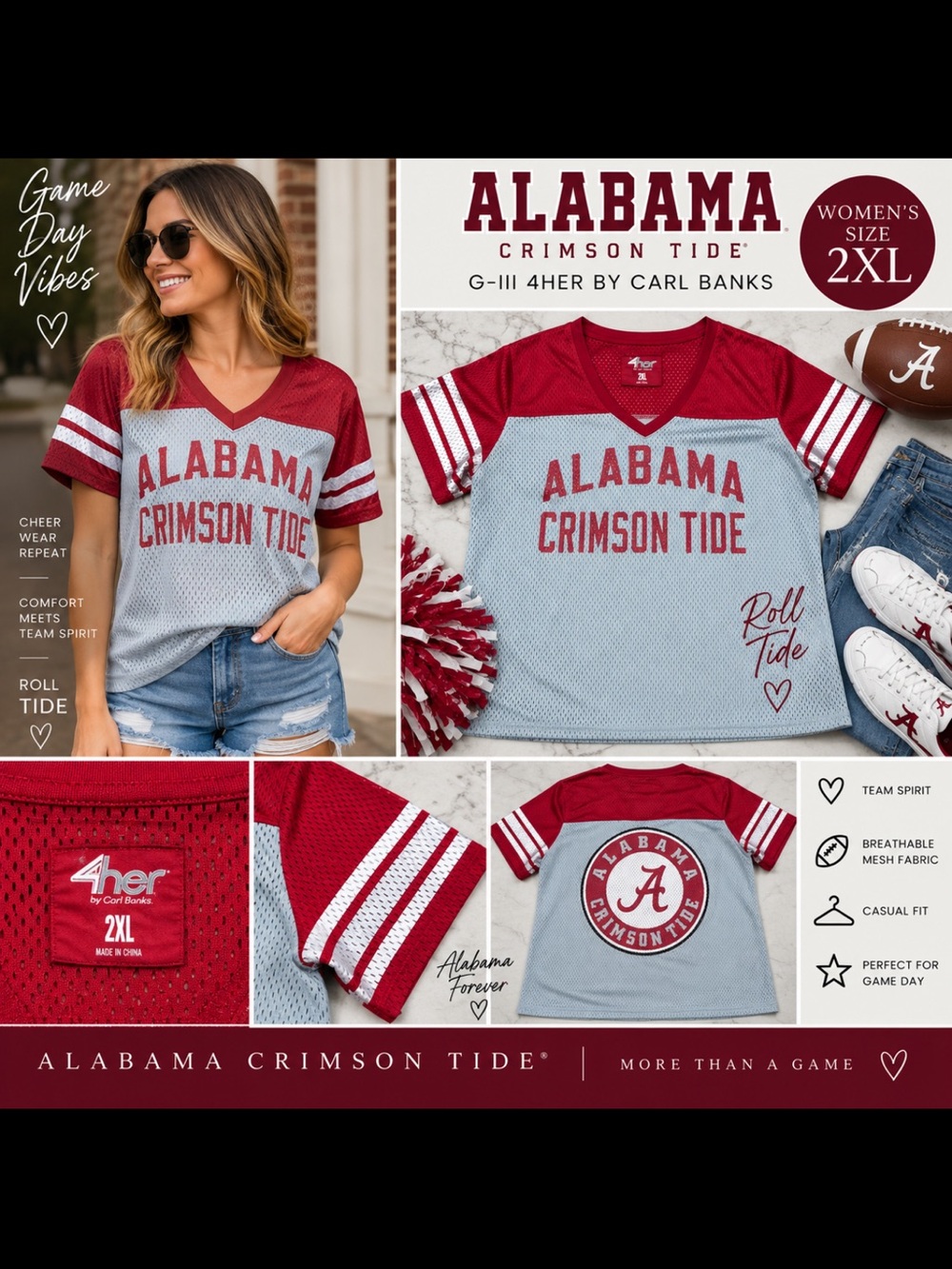 Alabama Crimson Roll Tide G-III 4Her Women’s Mesh Jersey 2XL Gray Red Football